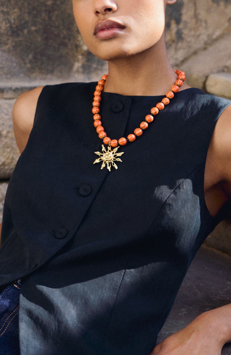 MANGO Beaded Sun Pendant Necklace, Alternate, color,