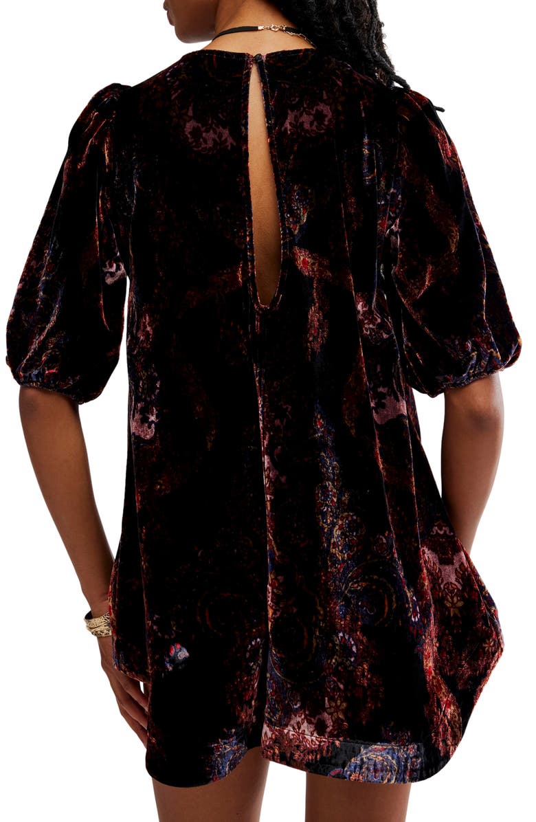Free People Maye Print Puff Sleeve Velvet Tunic Top, Alternate, color, Dark Black Combo