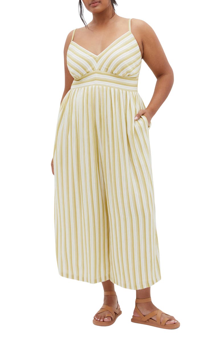 City Chic Lara Stripe Jumpsuit, Main, color, Khaki Stripe