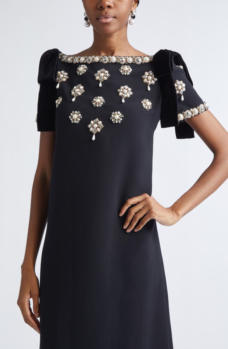 Carolina Herrera Embellished Bow Shoulder Column Gown, Alternate, color, Black Multi