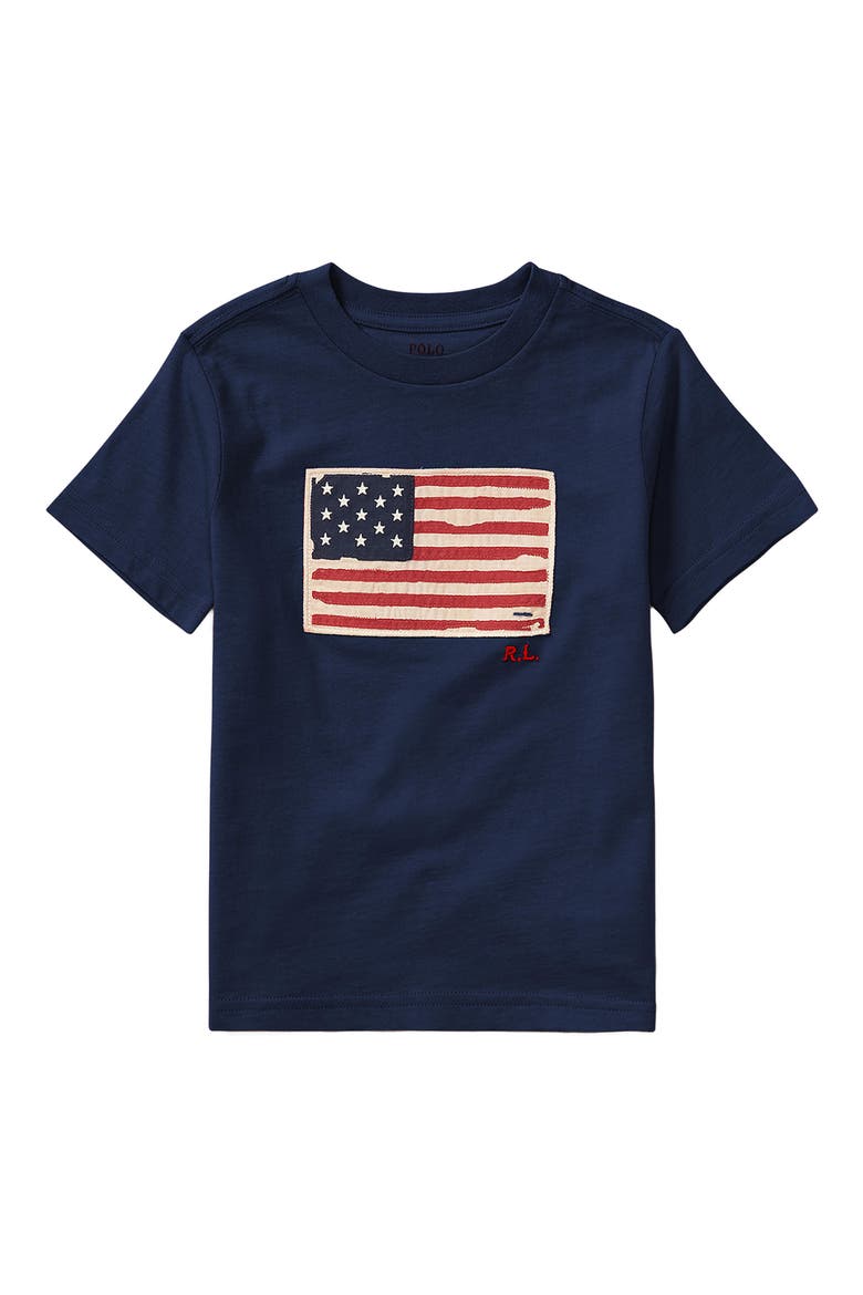 Kids' American Flag Appliqué Cotton T-Shirt, Main, color, CRUISE NAVY