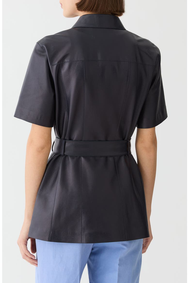 Belted Short Sleeve Lambskin Leather Jacket, Alternate, color, INK
