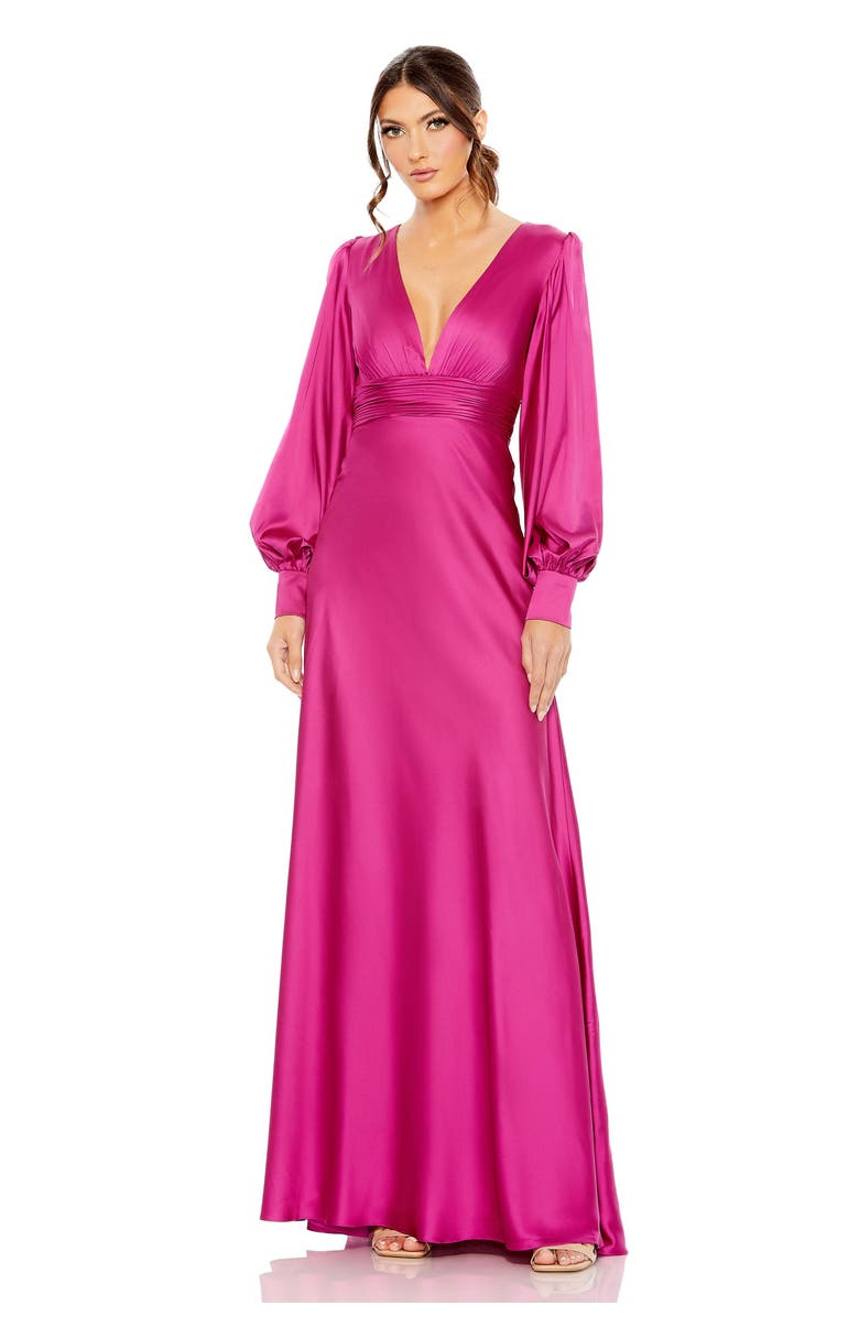 Mac Duggal Charmeuse Bishop Sleeve V Neck Gown, Main, color, Magenta