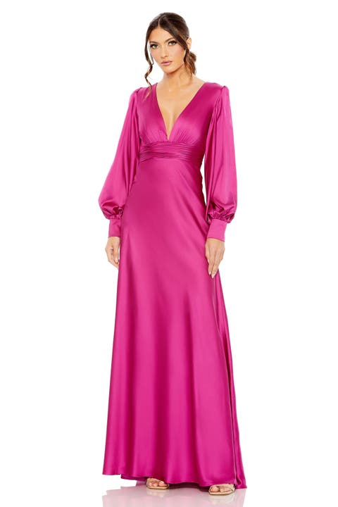 Charmeuse Bishop Sleeve V-Neck Gown