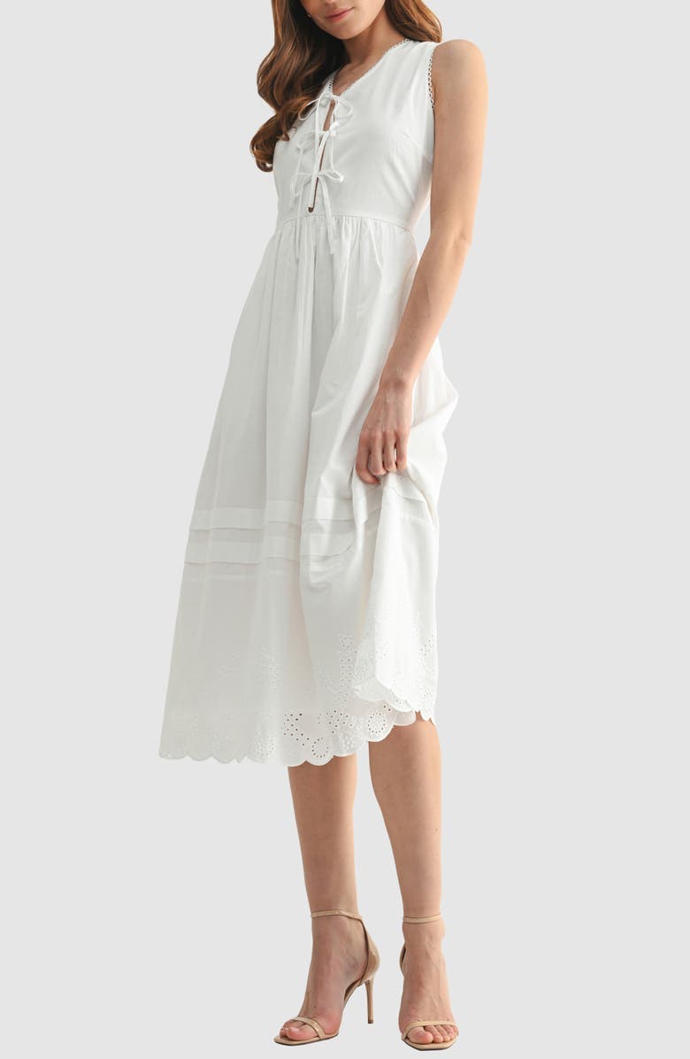 Lush Sleeveless Embroidered Eyelet Cotton Midi Dress, Alternate, color, White