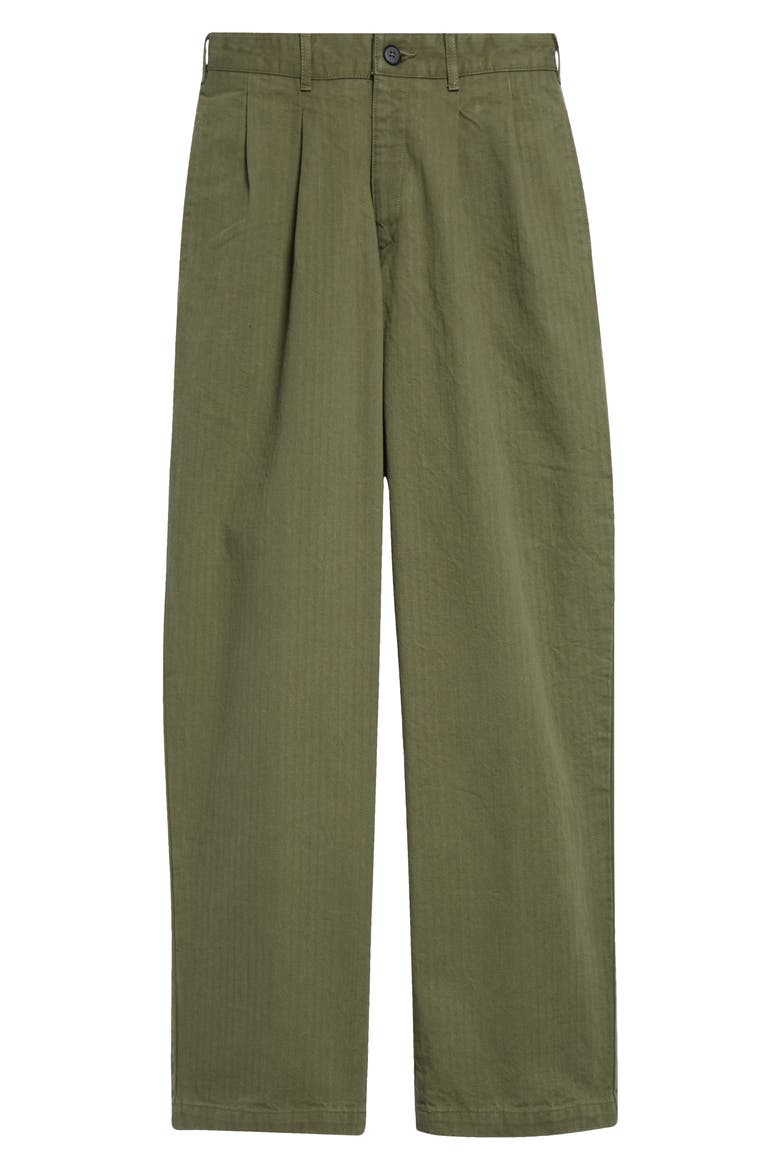 Double Pleat Cotton Herringbone Pants, Alternate, color, ARMY GREEN