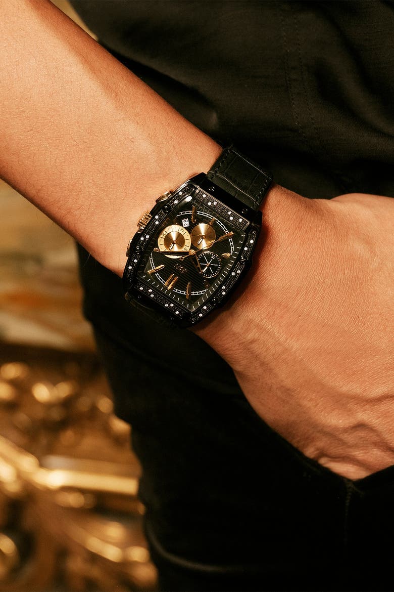 Echelon Diamond Chronograph Croc Embossed Leather Strap Watch, 41mm, Alternate, color, BLACK