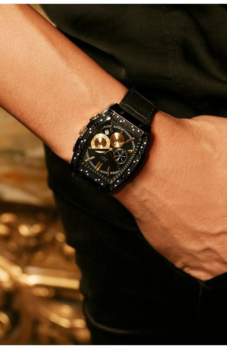 JBW Echelon Diamond Chronograph Croc Embossed Leather Strap Watch, 41mm, Alternate, color, Black