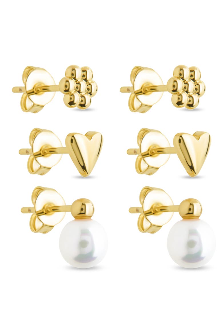 Irene Faux Pearl Set of 3 Assorted Stud Earrings, Main, color, GOLD