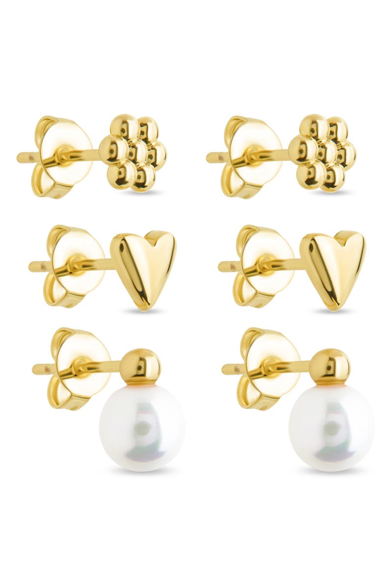 Sterling Forever Irene Faux Pearl Set of 3 Assorted Stud Earrings, Alternate, color, Gold