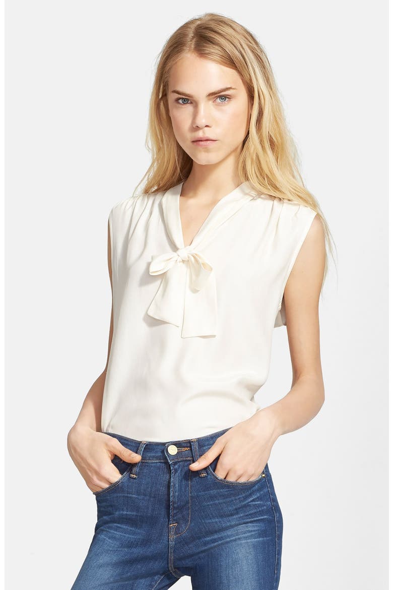 Denim Sleeveless Tie Neck Silk Shirt, Alternate, color, GARDENA