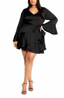 City Chic Cherrie Tie Belt Long Sleeve Satin Minidress