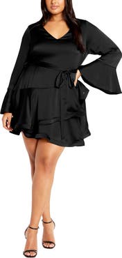 City Chic Cherrie Tie Belt Long Sleeve Satin Minidress