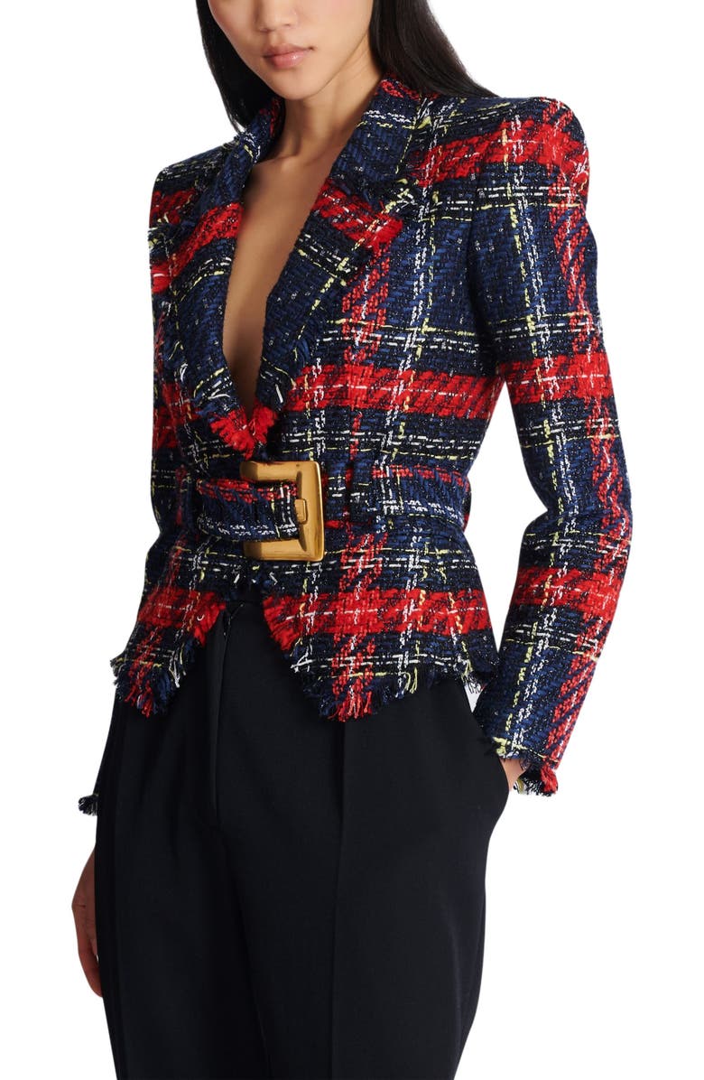 Balmain Belted plaid tweed jacket, Alternate, color, Red