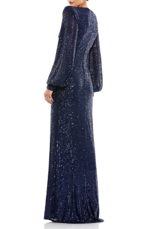 Mac Duggal Sequined Plunge Neck Structured Bishop Sleeve Gown In Midnight