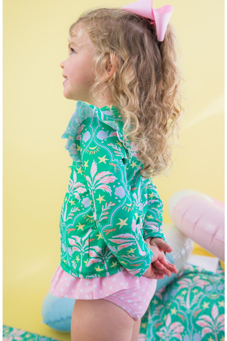 Kids' Coconut Cabana Ruffle Long Sleeve Two-Piece Rashguard Swimsuit, Alternate, color, GREEN