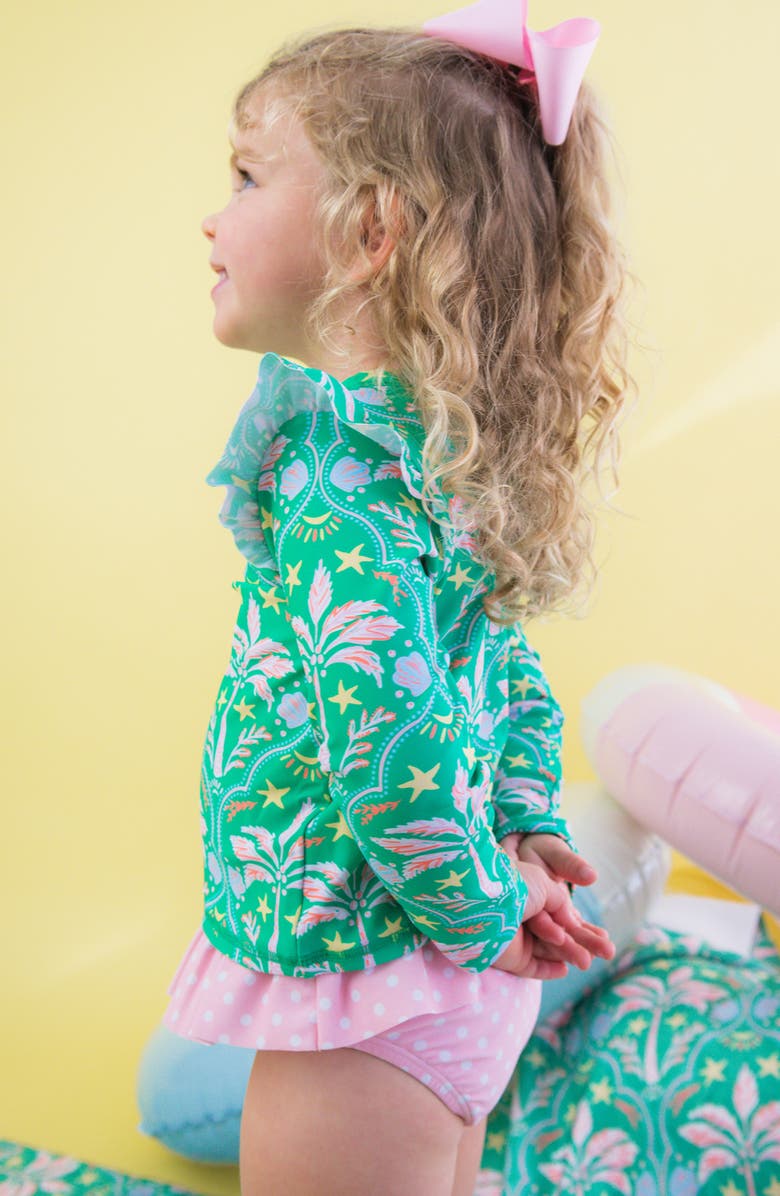 RuffleButts Kids' Coconut Cabana Ruffle Long Sleeve Two-Piece Rashguard Swimsuit, Alternate, color, Green