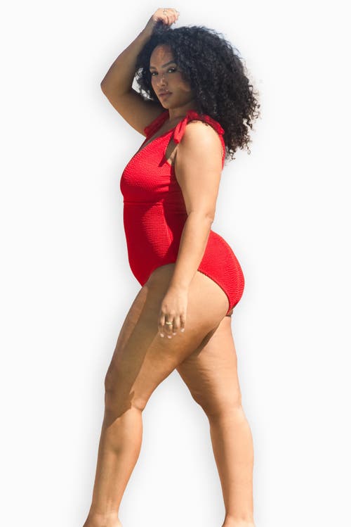 Fashion-szn Curve Sculpted Crinkle Tie Strap Swimsuit In Red