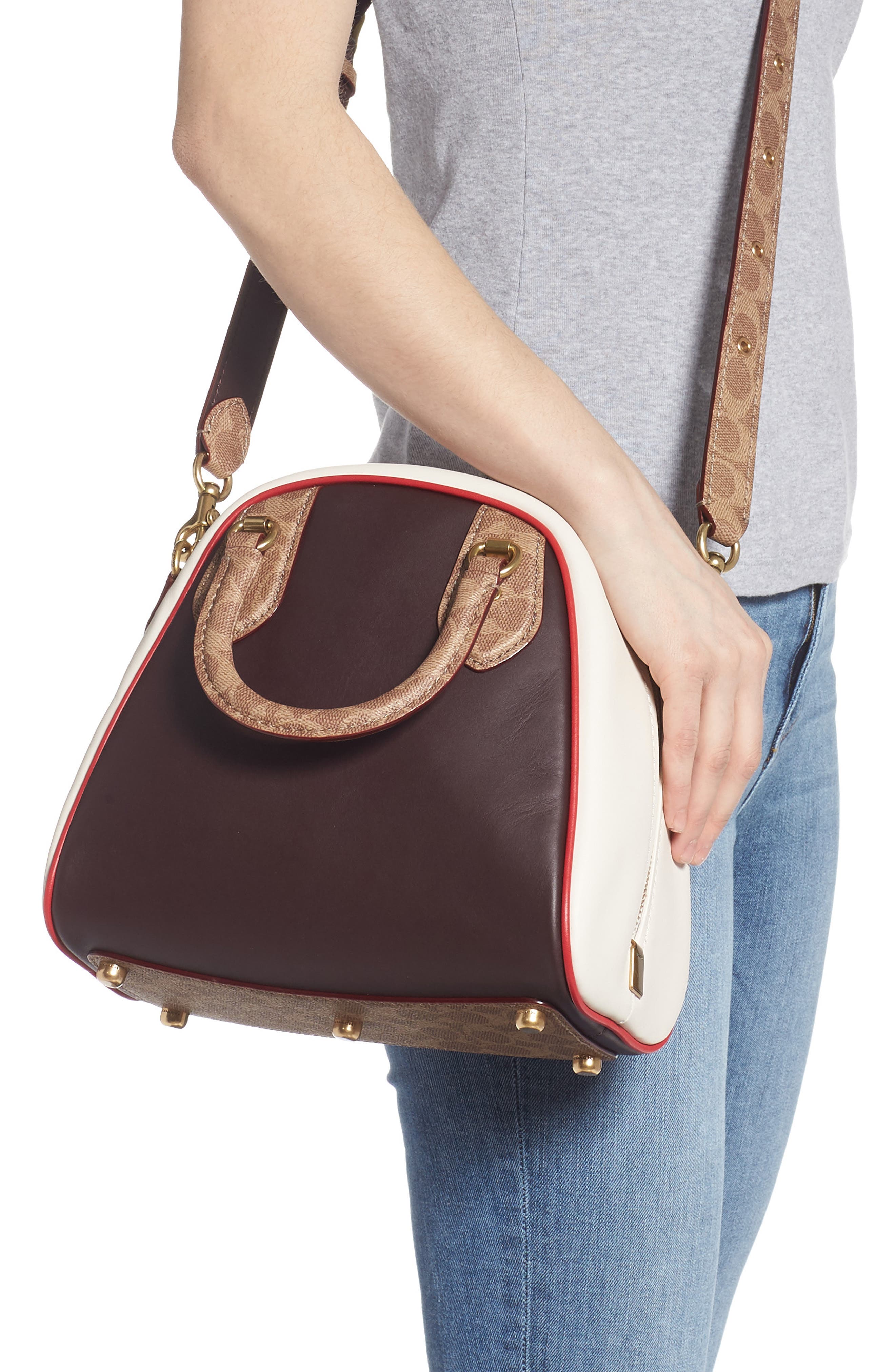 COACH Bowling Bag Leather & Signature Canvas Satchel, Alternate, color, 