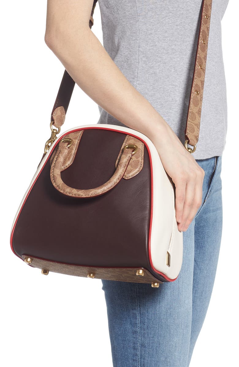 COACH Bowling Bag Leather & Signature Canvas Satchel, Alternate, color,