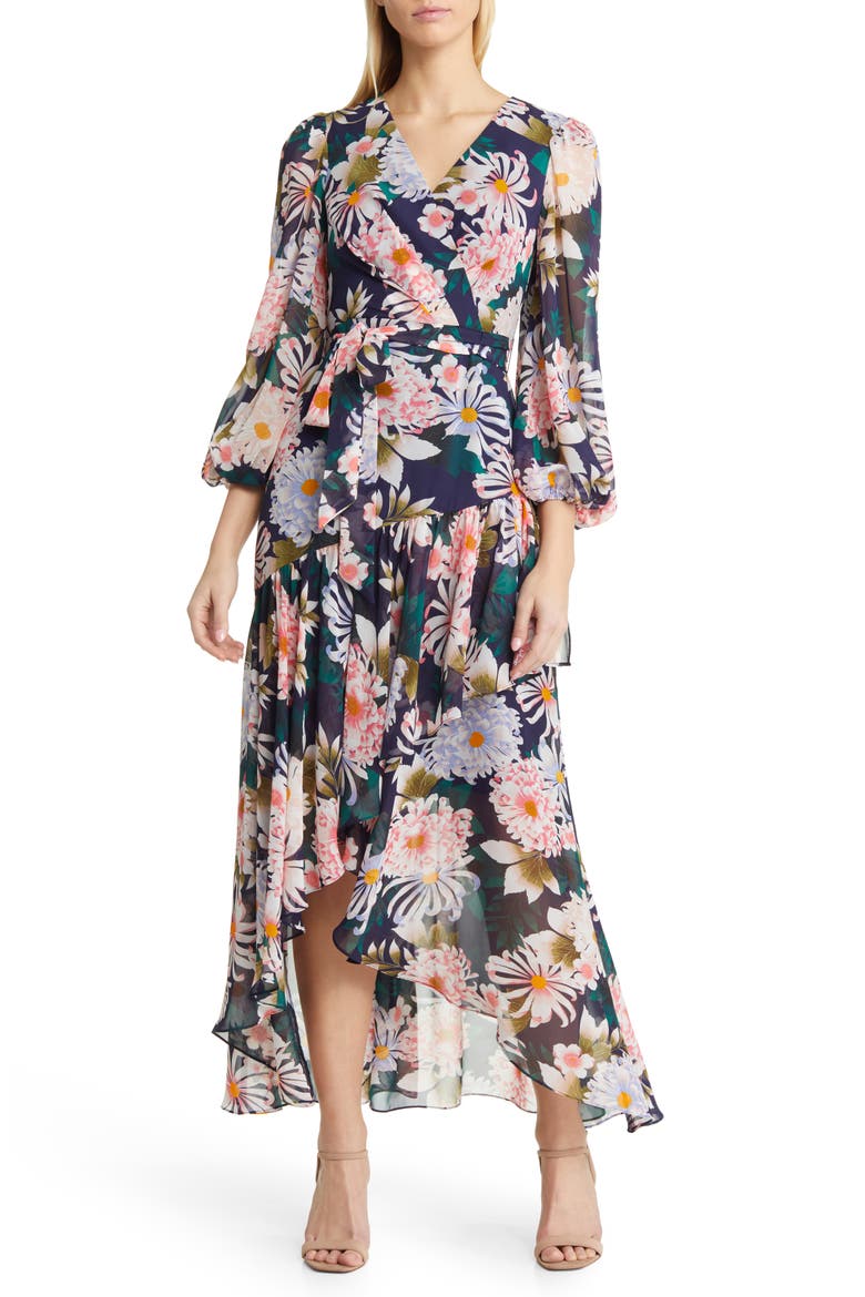 Floral Long Sleeve High-Low Faux Wrap Dress, Main, color, NAVY MULTI