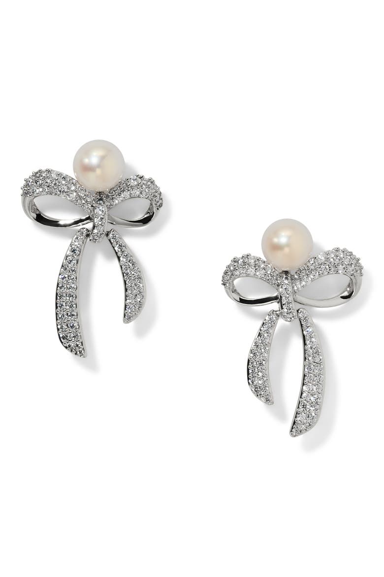Eros Small Bow Faux Pearl Stud Earrings, Main, color, RHODIUM