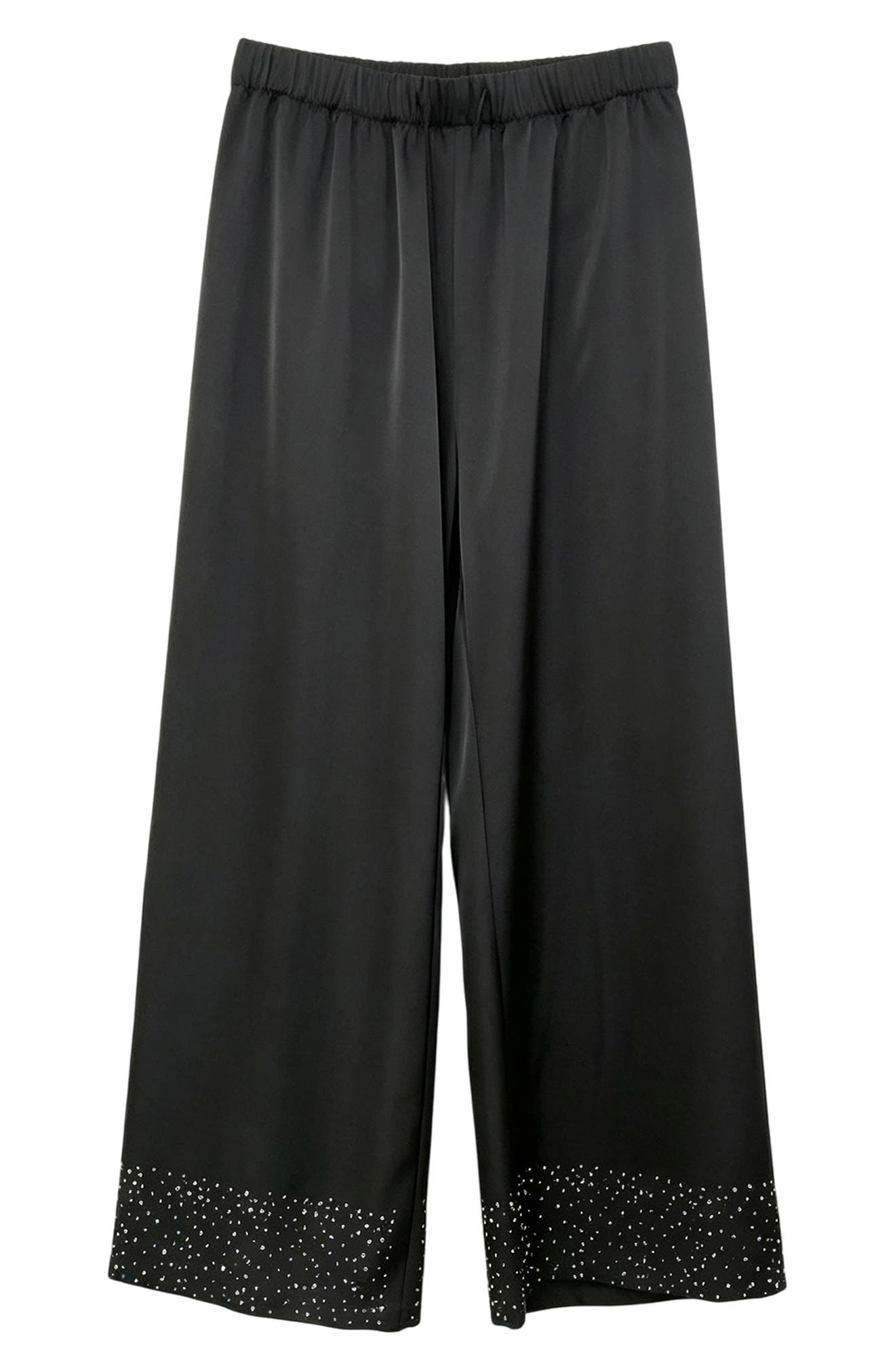 Rhinestone Hem Satin Wide Leg Pants