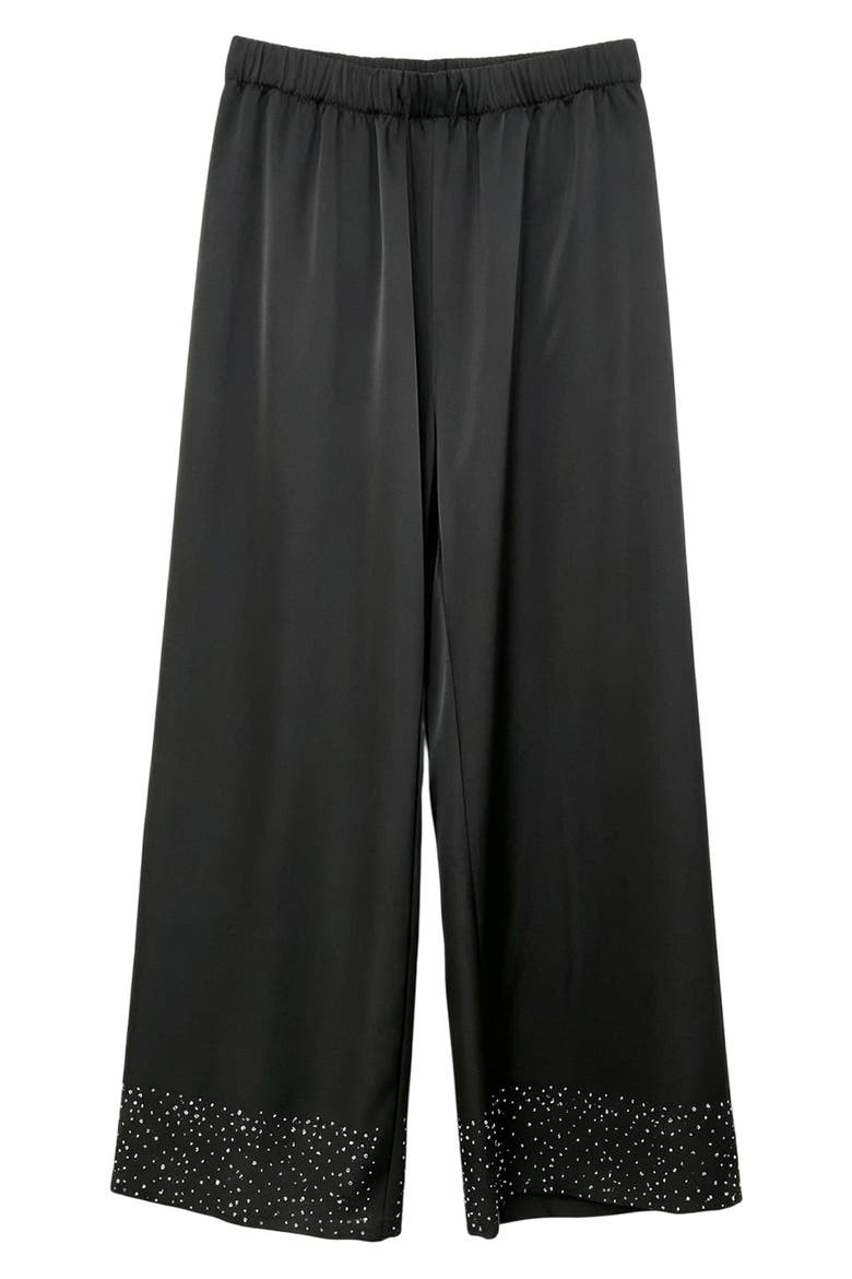 Rhinestone Hem Satin Wide Leg Pants, Main, color, BLACK