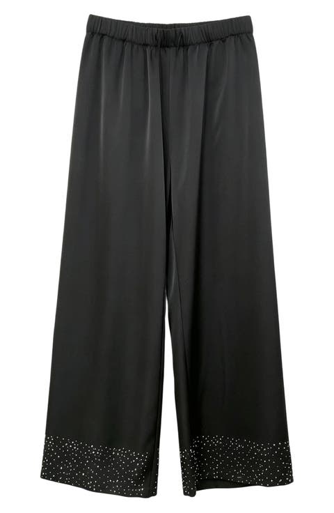 Rhinestone Hem Satin Wide Leg Pants