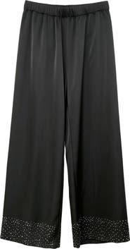 WDNY Rhinestone Hem Satin Wide Leg Pants