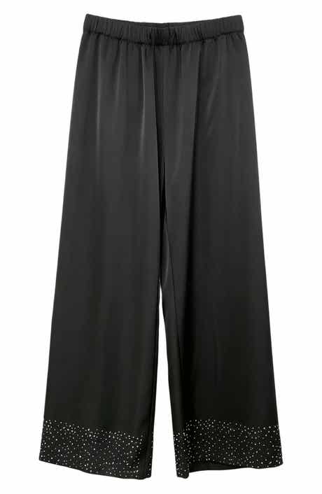 Rhinestone Hem Satin Wide Leg Pants