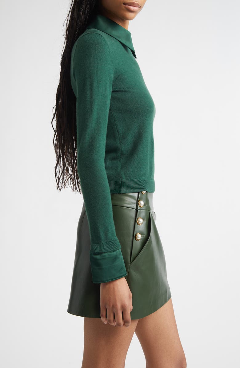 Alice + Olivia Porla Satin Trim Stretch Wool Sweater, Alternate, color, Green Mystique