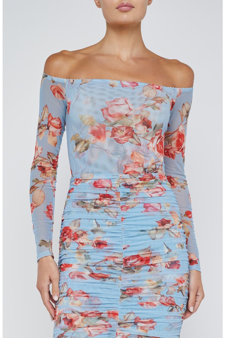 Peonie Floral Off the Shoulder Mesh Bodysuit, Alternate, color, LT BLUE TA