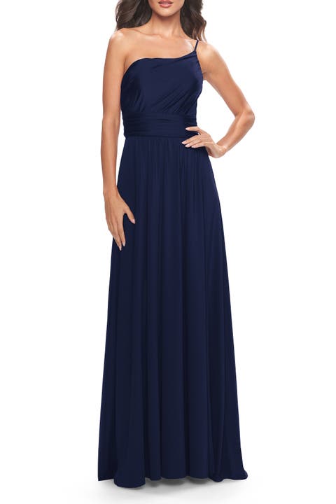 Chic One Shoulder Long Jersey Gown with Defined Waist