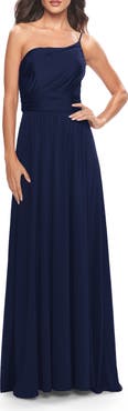La Femme Chic One Shoulder Long Jersey Gown with Defined Waist
