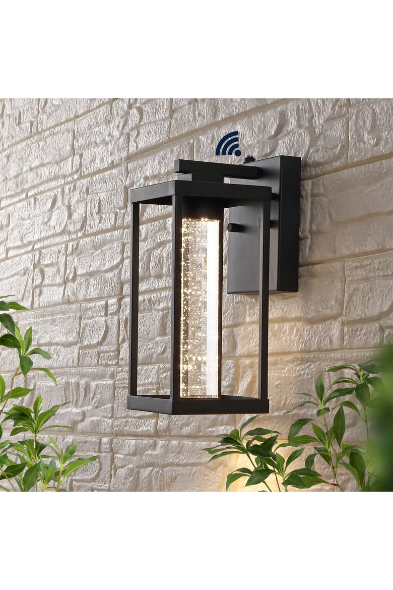 Juno 1-Light Industrial Vintage Iron/Seeded Glass with Dusk-to-Dawn Sensor Integrated LED Outdoor Sconce, Alternate, color, Black