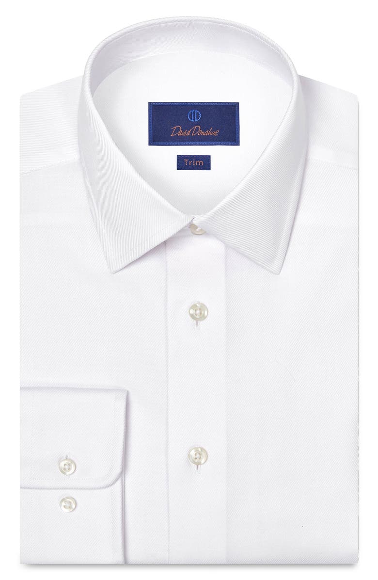 David Donahue Trim Fit Solid Stretch Cotton Twill Dress Shirt, Main, color, White