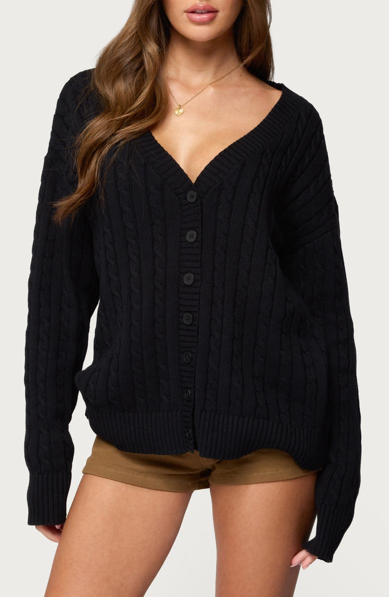 EDIKTED Francine Oversize Cotton Cardigan, Main, color, Black