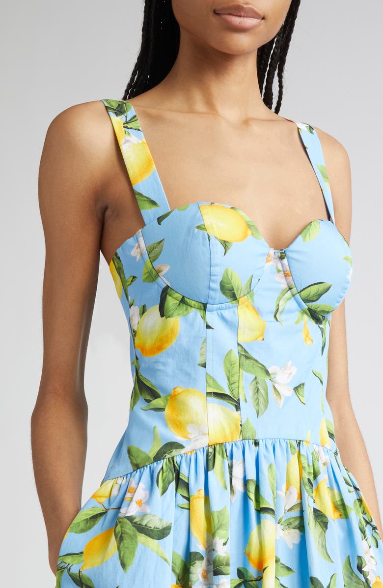 L'AGENCE Jai Lemon Print Corset Minidress, Alternate, color, Sky Blue/ Yellow Floral Lemon