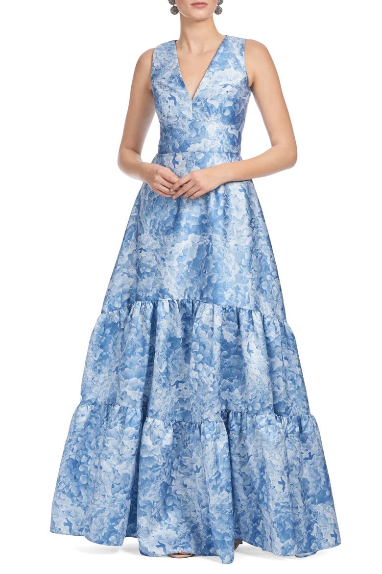 Rori Floral Sleeveless Tiered Mikado Gown, Main, color, HYDRANGEA BLOOMS