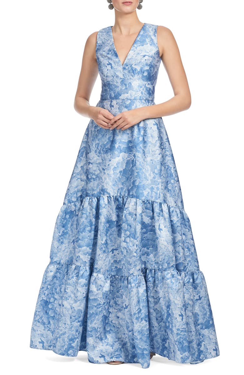 Sachin & Babi Rori Floral Sleeveless Tiered Mikado Gown, Main, color, Hydrangea Blooms