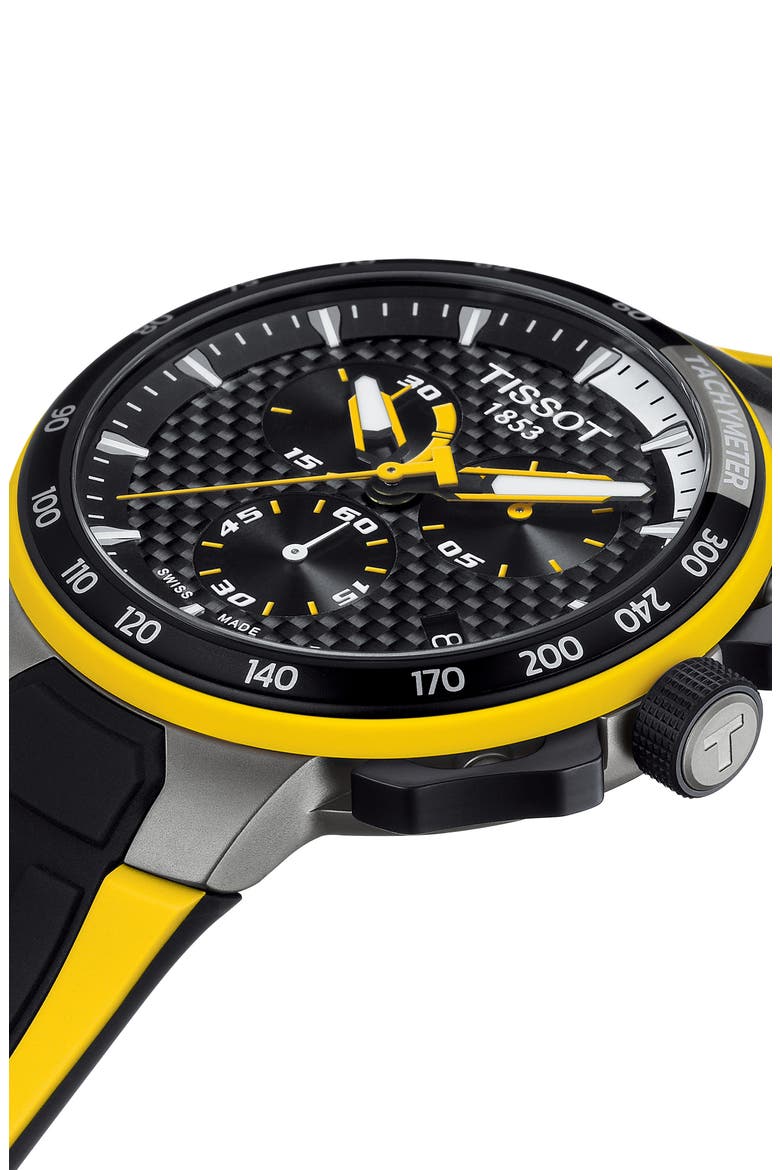 T-Race Cycling Tour de France 2020 Chronograph Silicone Strap Watch, 44mm, Alternate, color, BLACK/ YELLOW