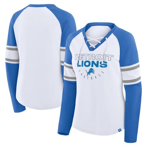 Women's Fanatics White/Blue Detroit Lions Redzone Blitz Package Raglan Lace-Up V-Neck Long Sleeve T-Shirt