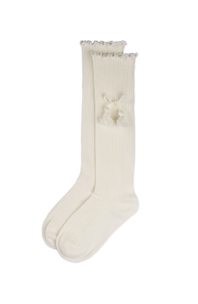 MeMoi Tassle-Bow-Trimmed Lettuce Edge Knee High Sock, Alternate, color, Winter White