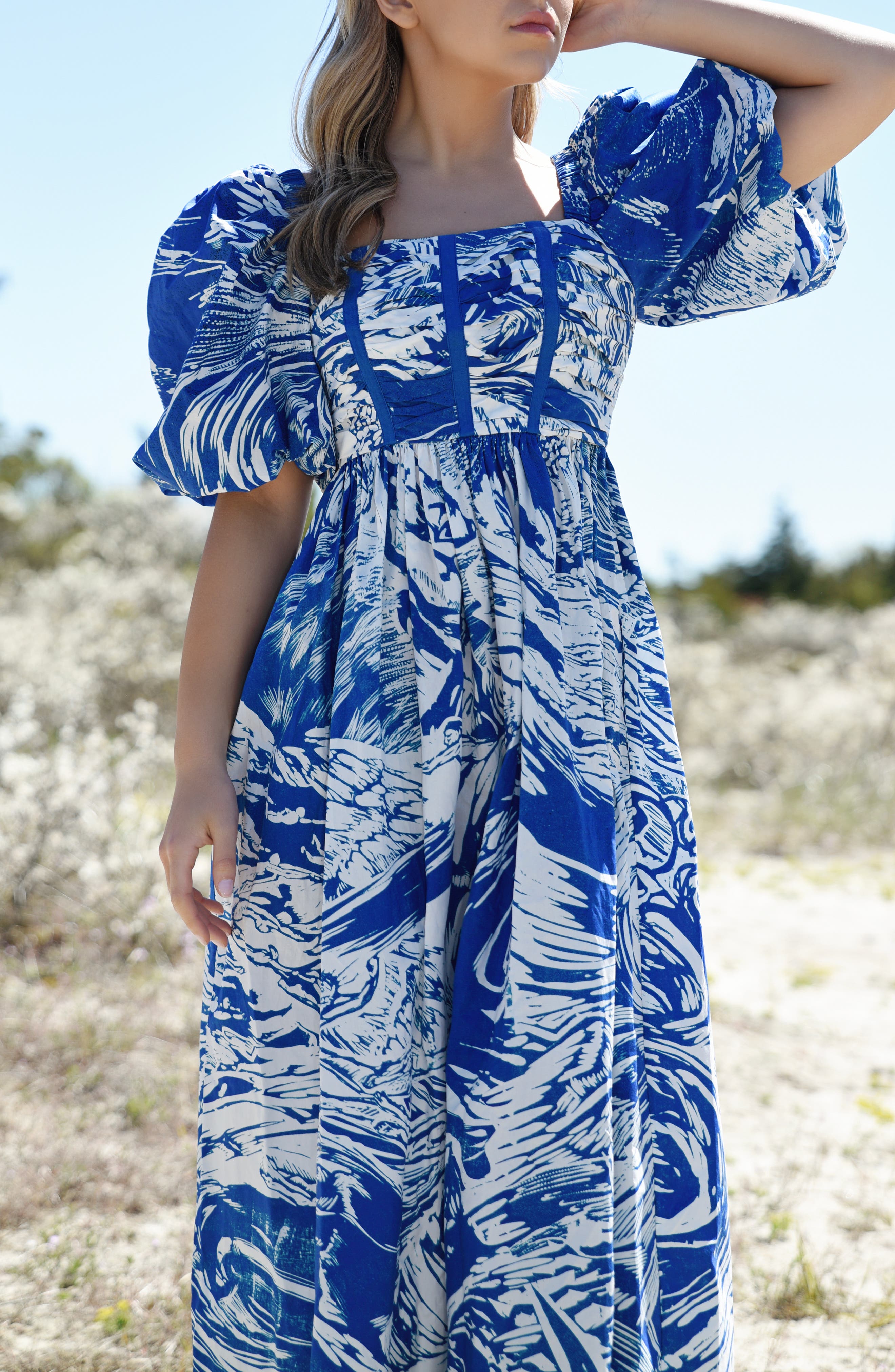 Jessie Zhao New York Blue Printmaking Square-Neck Cotton Midi Dress ...