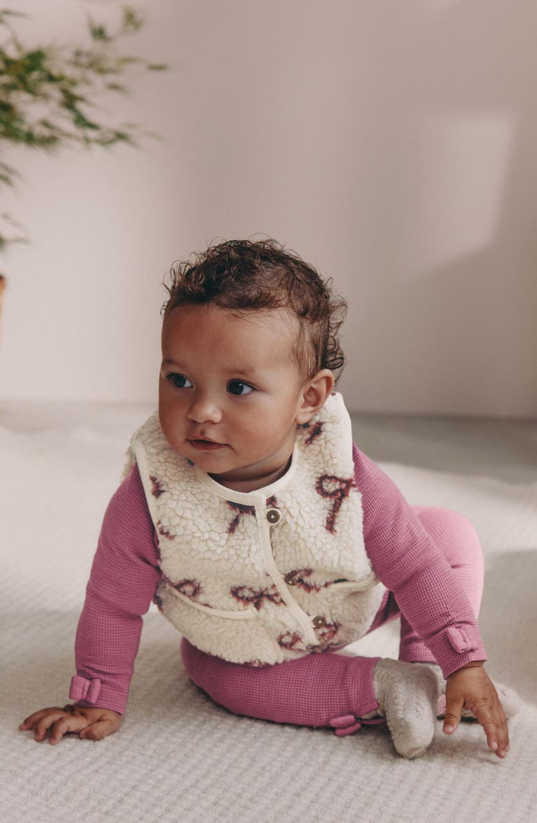 NEXT Bow Print Fleece Vest, Waffle Knit Top and Waffle Knit Leggings Set, Alternate, color, Purple Multi