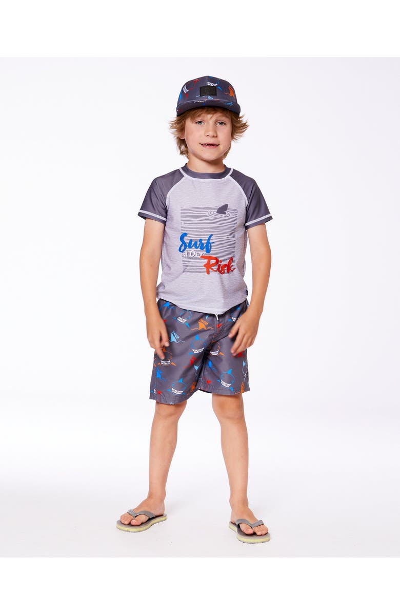 Deux par Deux Little Boy's Printed Boardshorts Orange, Red, And Blue Sharks On Gray, Alternate, color, Orange Red And Blue Sharks