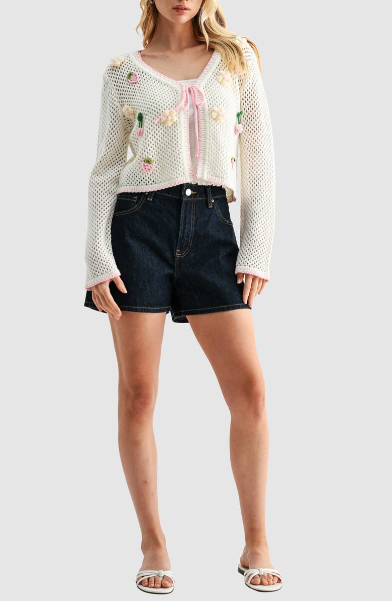 All in Favor Crochet Appliqué Tie Front Open Stitch Cardigan, Alternate, color, Cream Pink