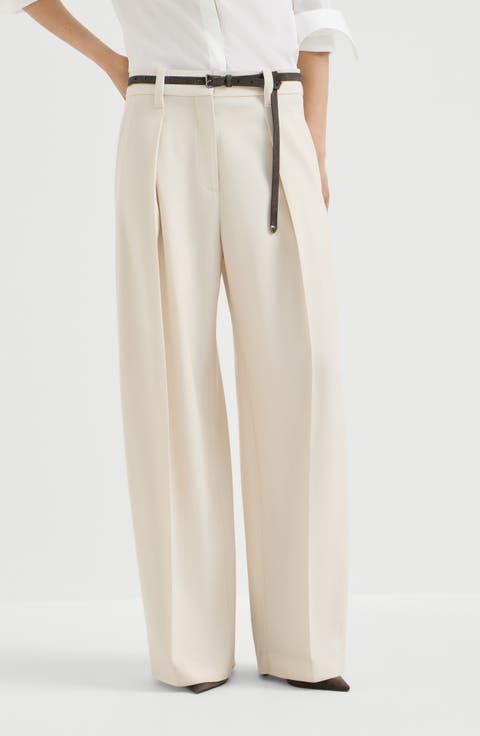 Virgin wool gabardine pleated barrel trousers with monili
