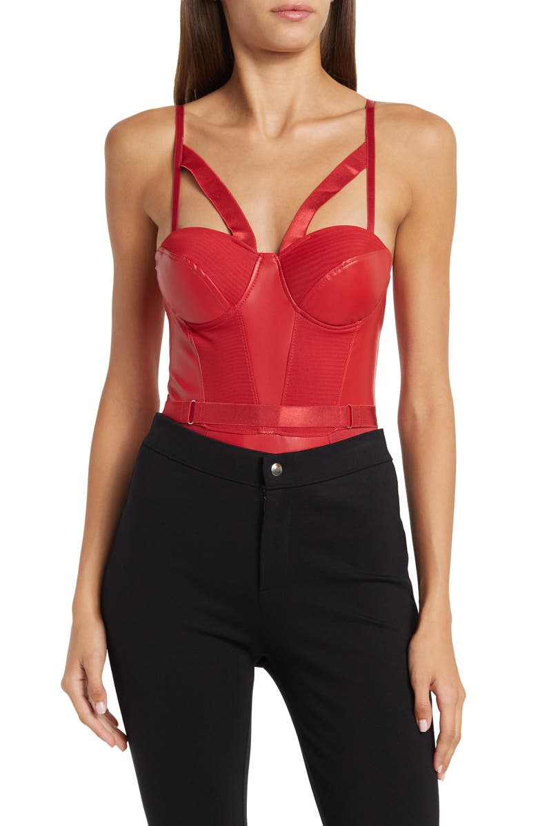 SECRET LACE Vegan Leather Mesh Lace-Up Bodysuit, Main, color,